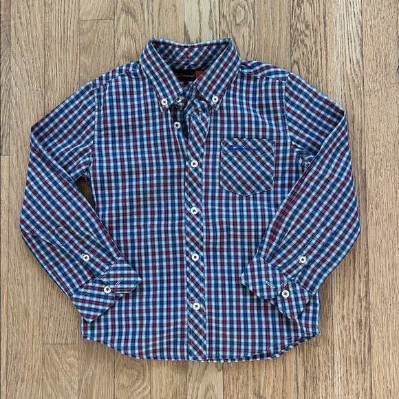 BEN SHERMAN age 4-5 blue and red plaid button down shirt with pocket - Picture 4 of 16